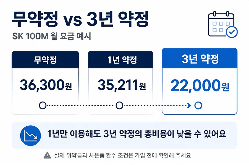 SK 100메가 기준 무약정 36,300원, 1년 약정 35,211원, 3년 약정 22,000원의 월 요금 비교