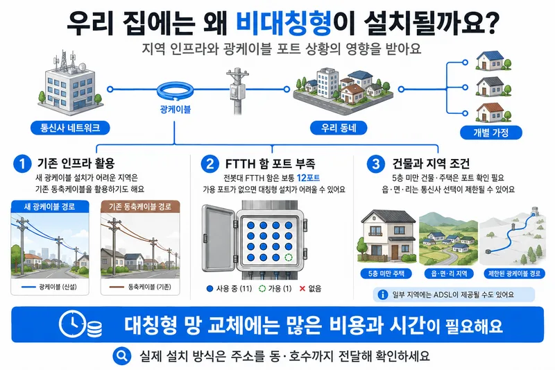 기존 인프라, FTTH 함 포트 부족, 건물과 지역 조건으로 비대칭형이 설치되는 이유를 설명한 인포그래픽