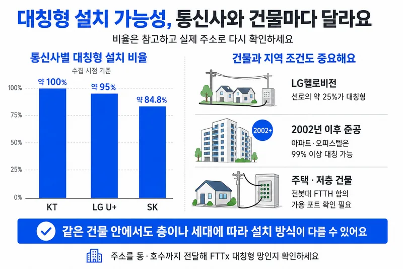 수집 시점 기준 통신사별 대칭형 설치 비율과 건물·지역 조건을 보여주는 인포그래픽
