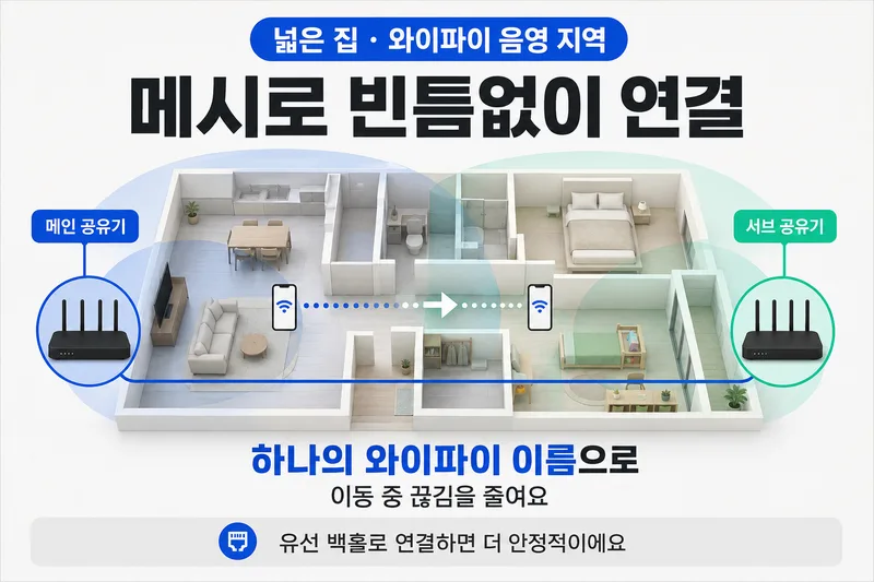 평면도에서 메인 공유기와 서브 공유기의 와이파이 커버리지가 이어지는 모습을 보여주는 이미지