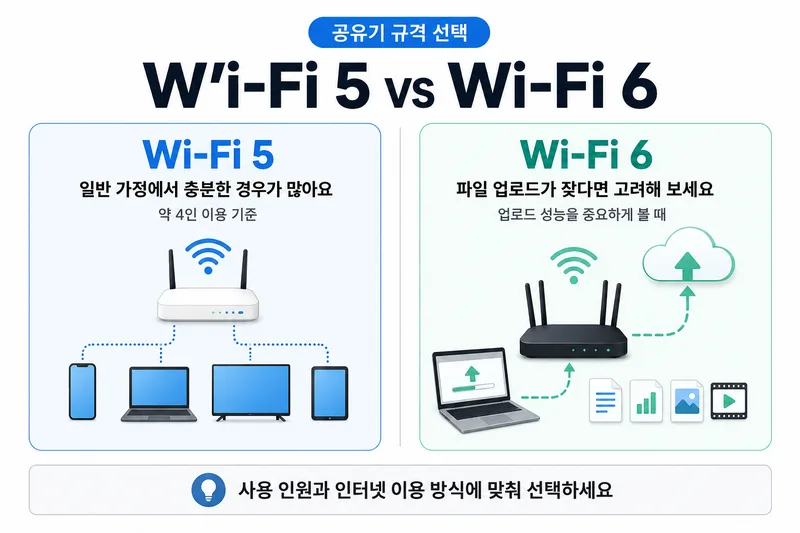 Wi-Fi 5와 Wi-Fi 6이 각각 어떤 사용 환경에 맞는지 비교한 이미지